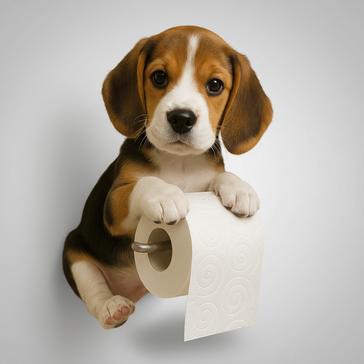 Various angles of the WuffKeeper, a decorative dog toilet paper holder and unique bathroom accessory