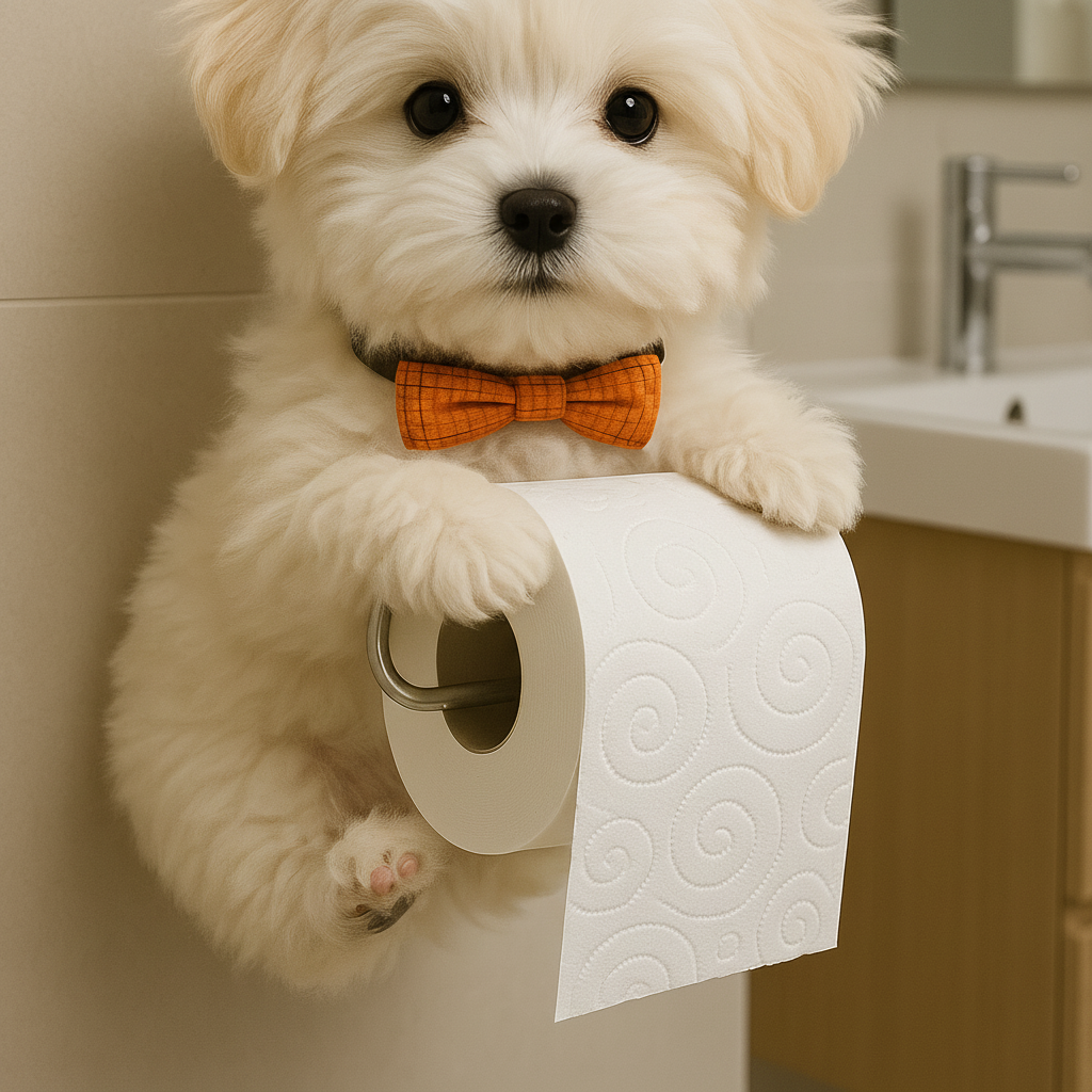 Close-up of WuffKeeper dog toilet paper holder, detailed resin decor bathroom accessory