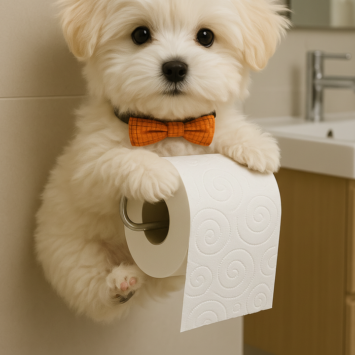 Close-up of WuffKeeper dog toilet paper holder, detailed resin decor bathroom accessory