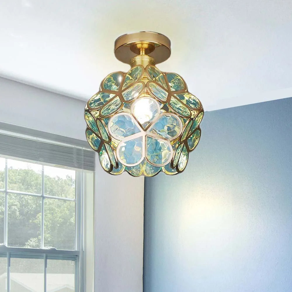 Hand-blown glass floral ceiling lamp, a unique artistic light fixture for sophisticated interior design.