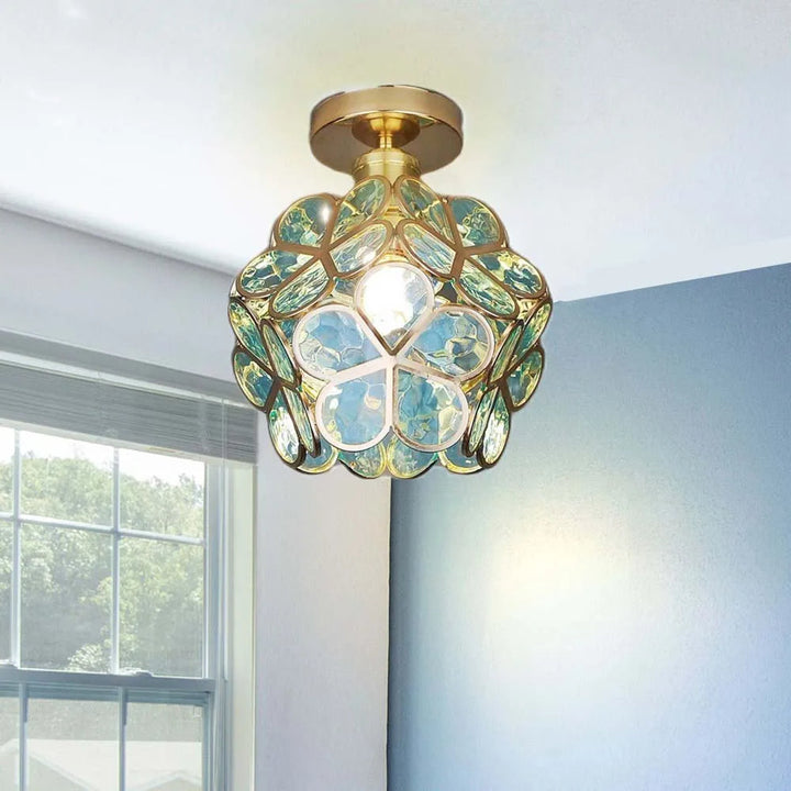 Hand-blown glass floral ceiling lamp, a unique artistic light fixture for sophisticated interior design.