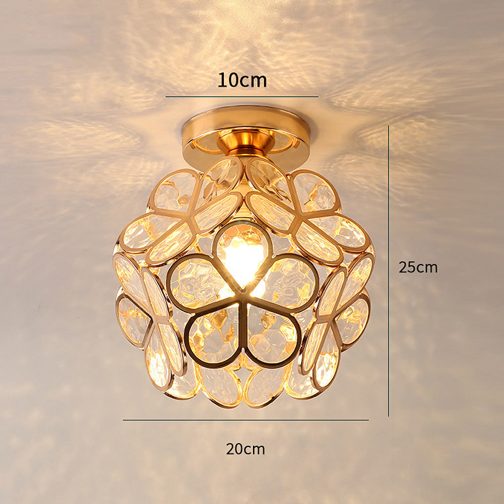 Decorative glass floral ceiling lamp with iron accents, artistic flower pattern for hallway lighting.