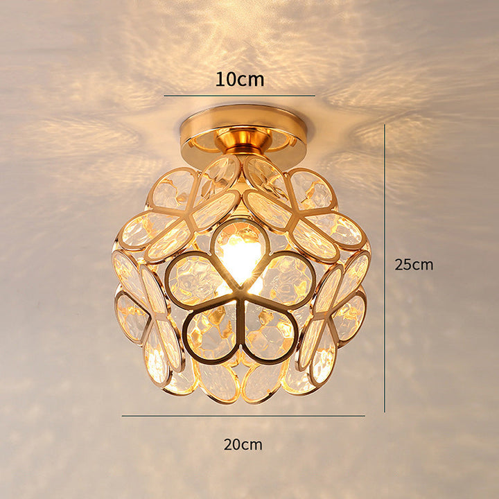 Decorative glass floral ceiling lamp with iron accents, artistic flower pattern for hallway lighting.