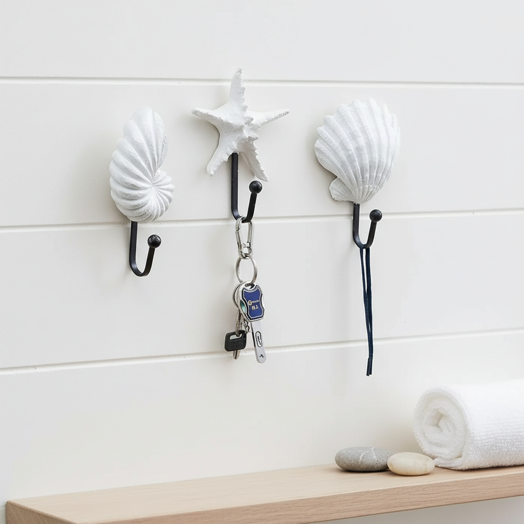 Decorative nautical wall hooks, white resin, beach themed entryway organizer