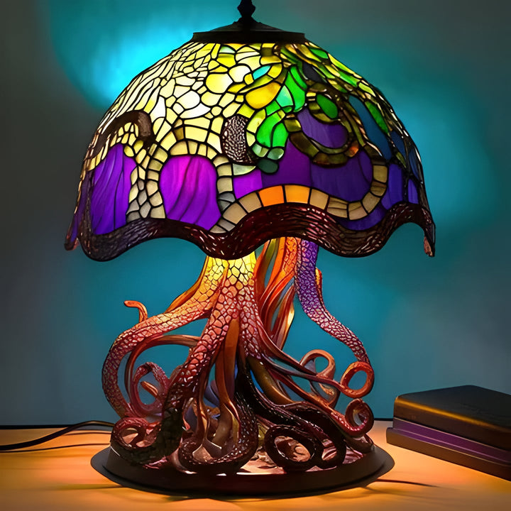 Elegant stained glass plant table lamp, perfect decorative lighting for a cozy bedroom or study.