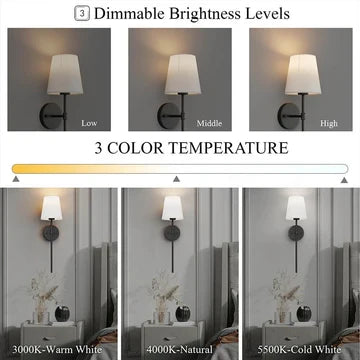 Set of 2 wireless fabric wall sconces with bulbs. Decorative, battery-operated lighting for modern home interior.