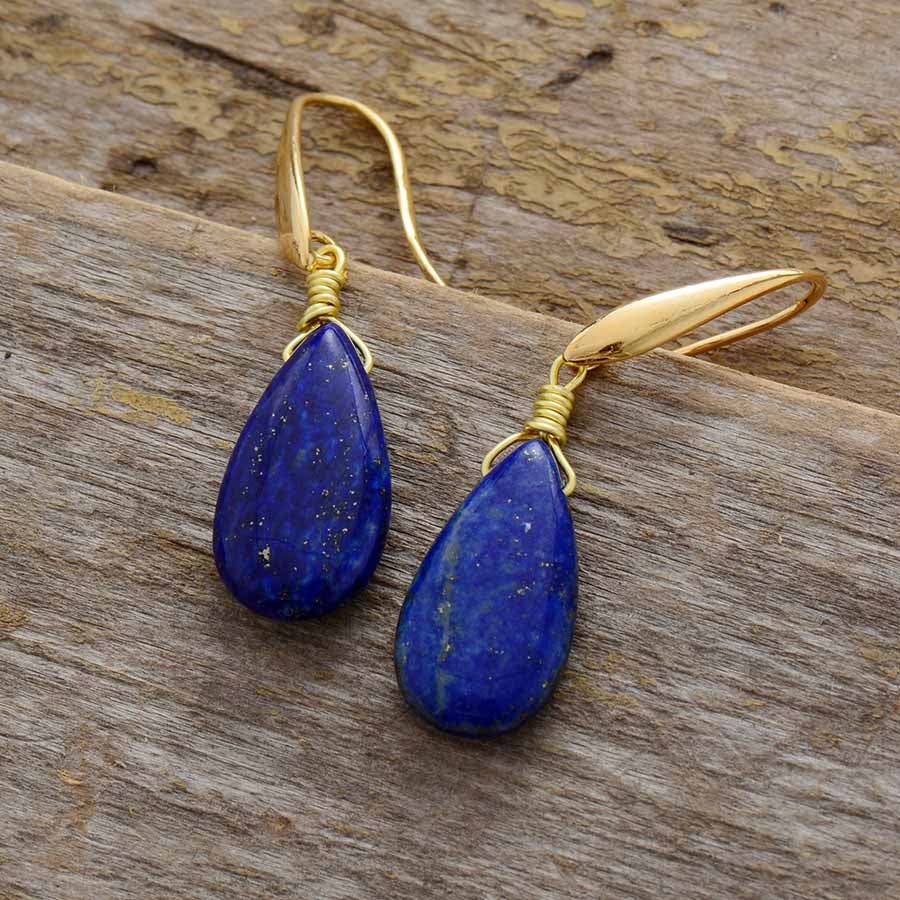 Deep blue lapis lazuli drop earrings, gold plated, artisan crafted, spiritual jewelry for women