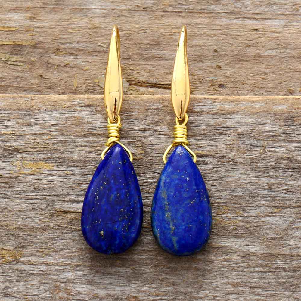 Dromers Selene gold plated drop earrings with deep blue lapis lazuli gemstones