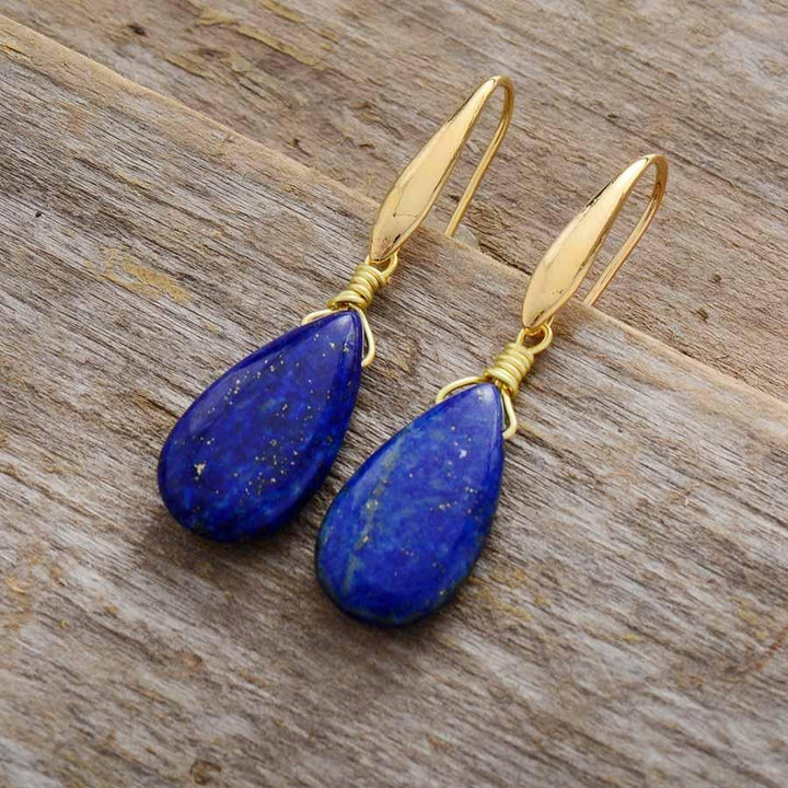 Striking deep blue lapis lazuli drop earrings, spiritual healing stones, elegant women's jewelry