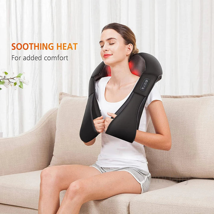 Portable electric Shiatsu massager for neck, shoulders & back, offering deep kneading & soothing heat.