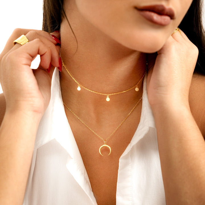 Elegant women's small circle pendant necklace. Gold plated sterling silver, minimalist and delicate, perfect adjustable jewelry.