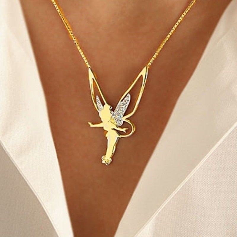 Delicate gold-plated & sterling silver Lucky Fairy Charm Necklace for women, enchanting whimsical design, perfect gift.