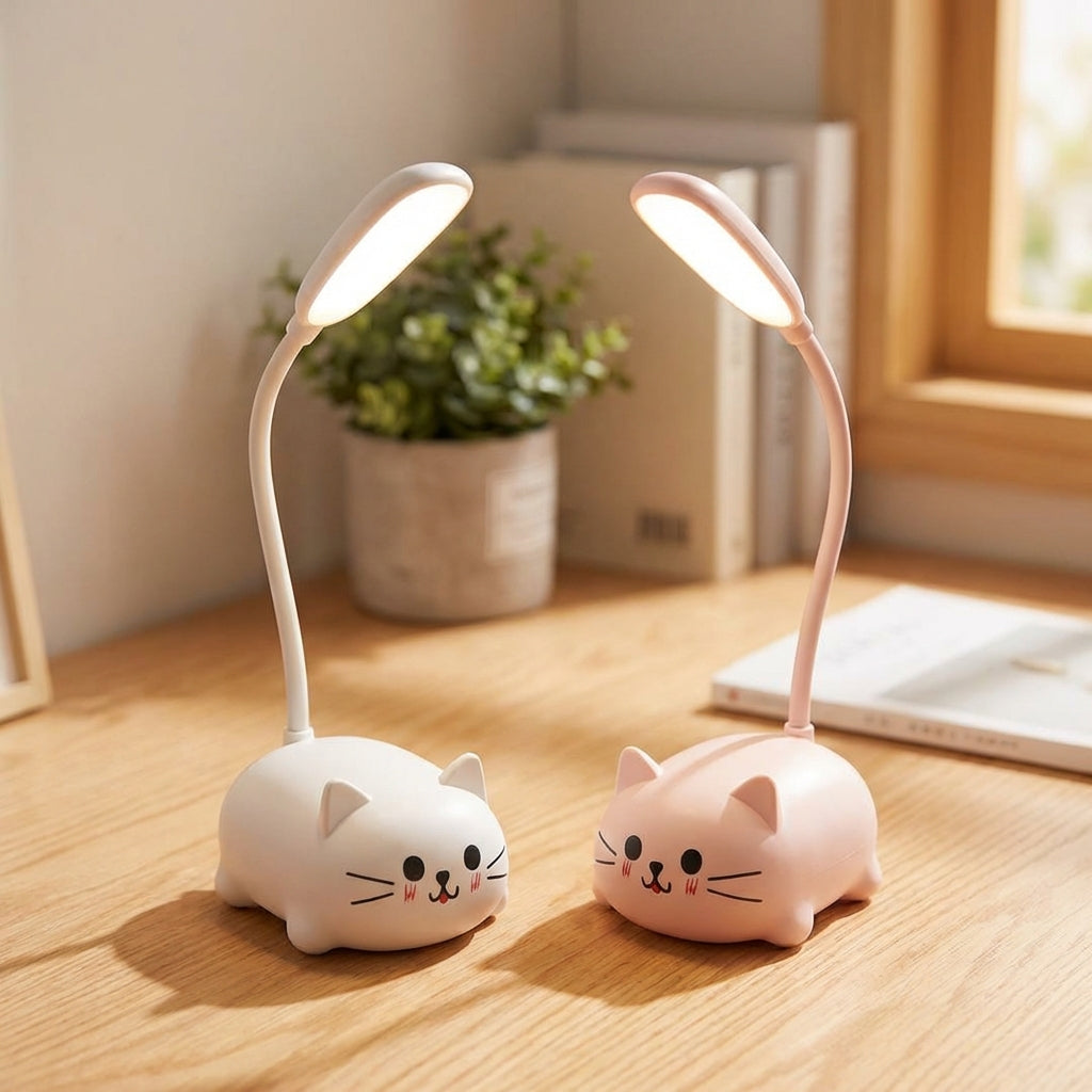 Deskpurr USB LED desklamp, cute cat-shaped, white with glowing ears for office or study.