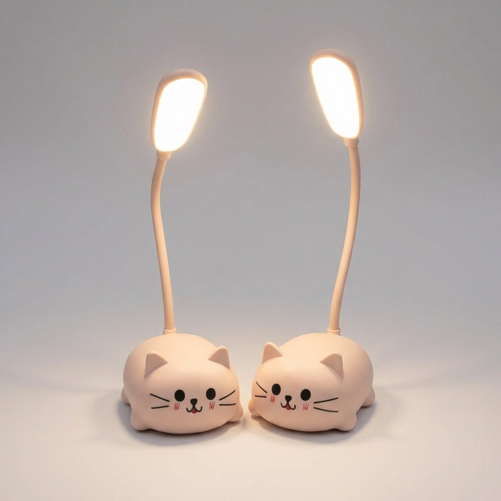 Compact Deskpurr cat desk lamp, USB powered LED table light, perfect as a portable study lamp.