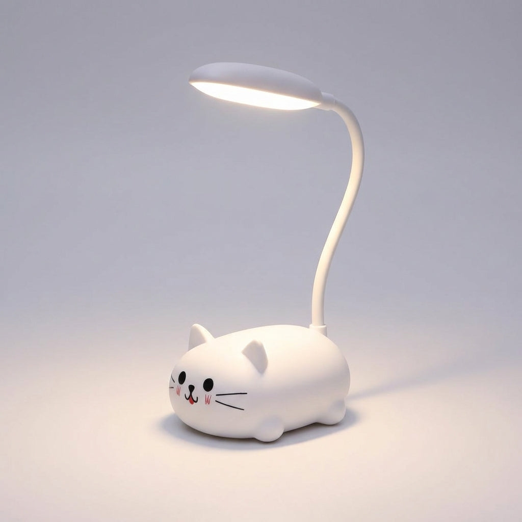 Functional Deskpurr cat LED desklamp, USB chargeable, provides bright light for reading or work.