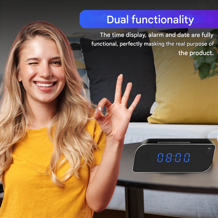 Compact hidden camera alarm clock, perfect for discreet home surveillance & real-time security monitoring.