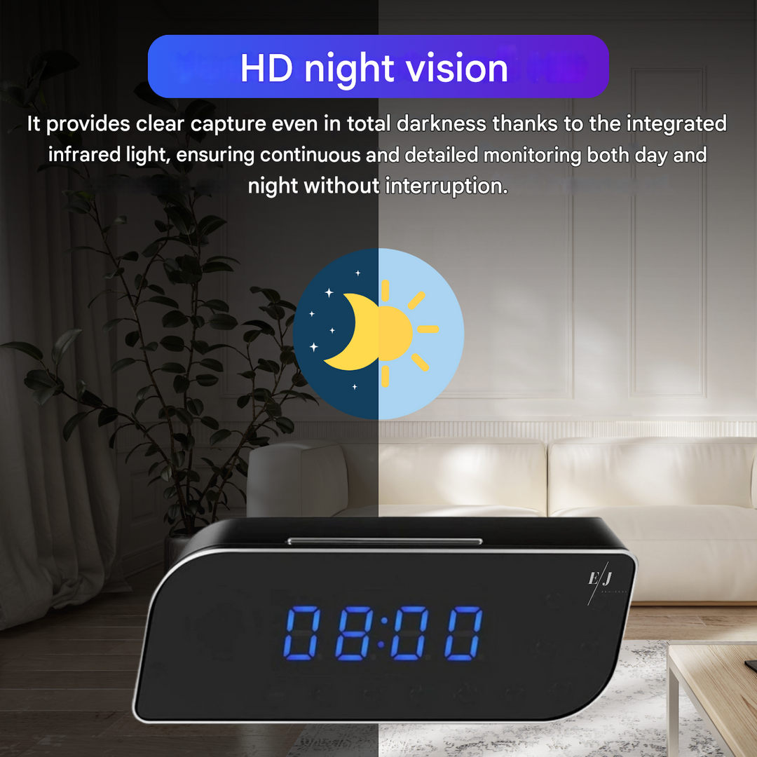 Simple digital alarm clock secretly housing a powerful HD security camera for reliable home monitoring.