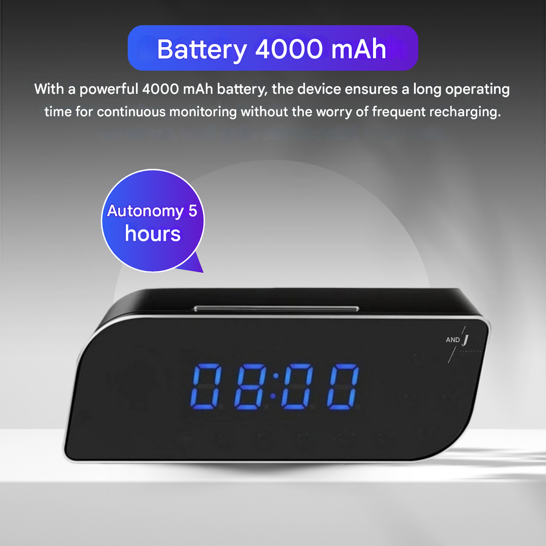 Fully functional digital alarm clock with an integrated hidden camera for discreet home security.