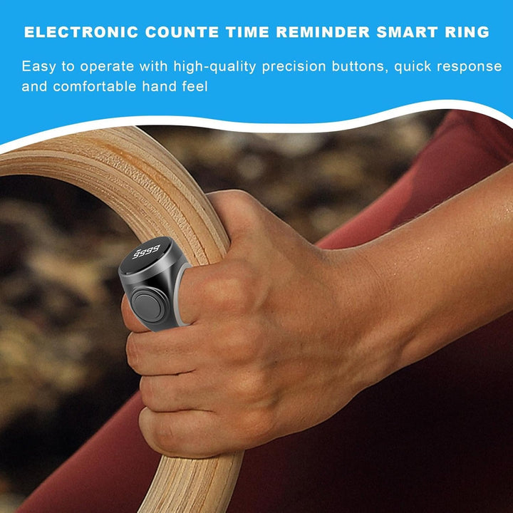 Person's hand with rechargeable digital finger counter ring, in prayer mode