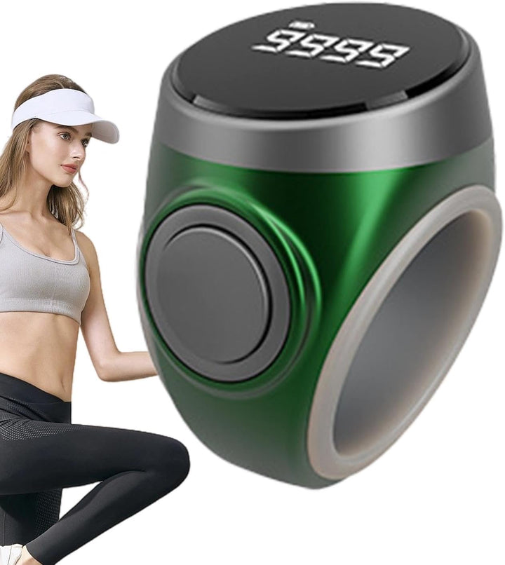 User’s thumb operating the button on a digital finger counter ring