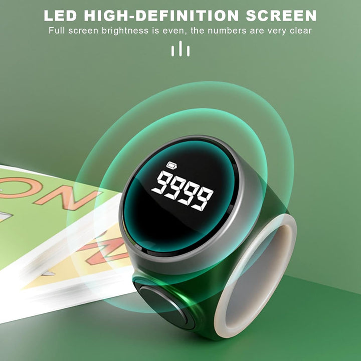 Close-up of the 4-digit LED display on a digital finger counter ring