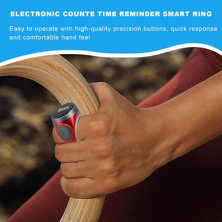 Display of a digital finger counter ring showing '0001', ready for use
