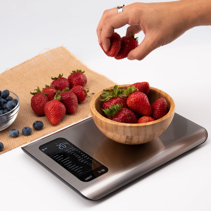 Versatile digital precision scale for kitchen, baking, cooking, and nutritional food measurements.
