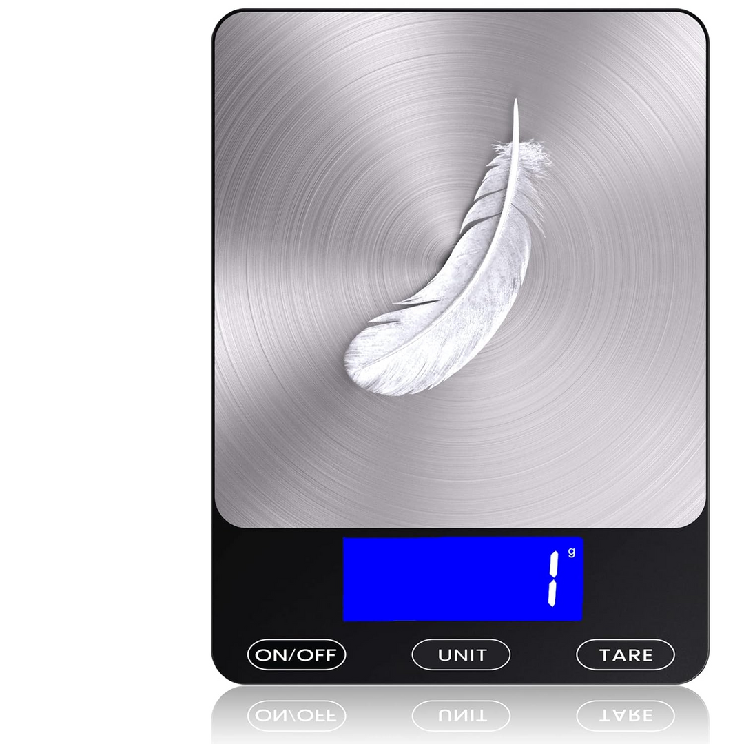 Digital kitchen food scale, stainless steel, for precise baking and cooking measurements.