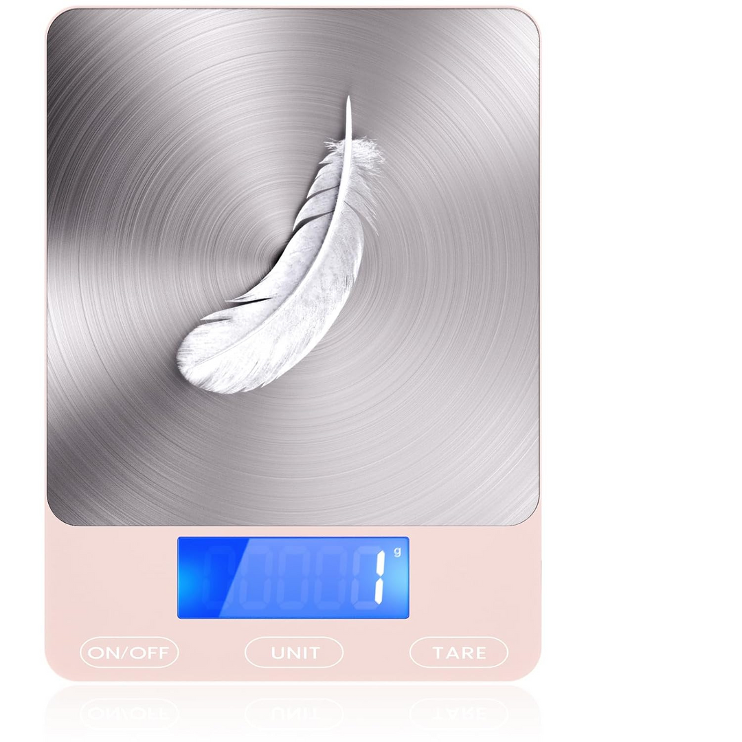 Rechargeable digital food scale with a sleek stainless steel platform for kitchen precision.