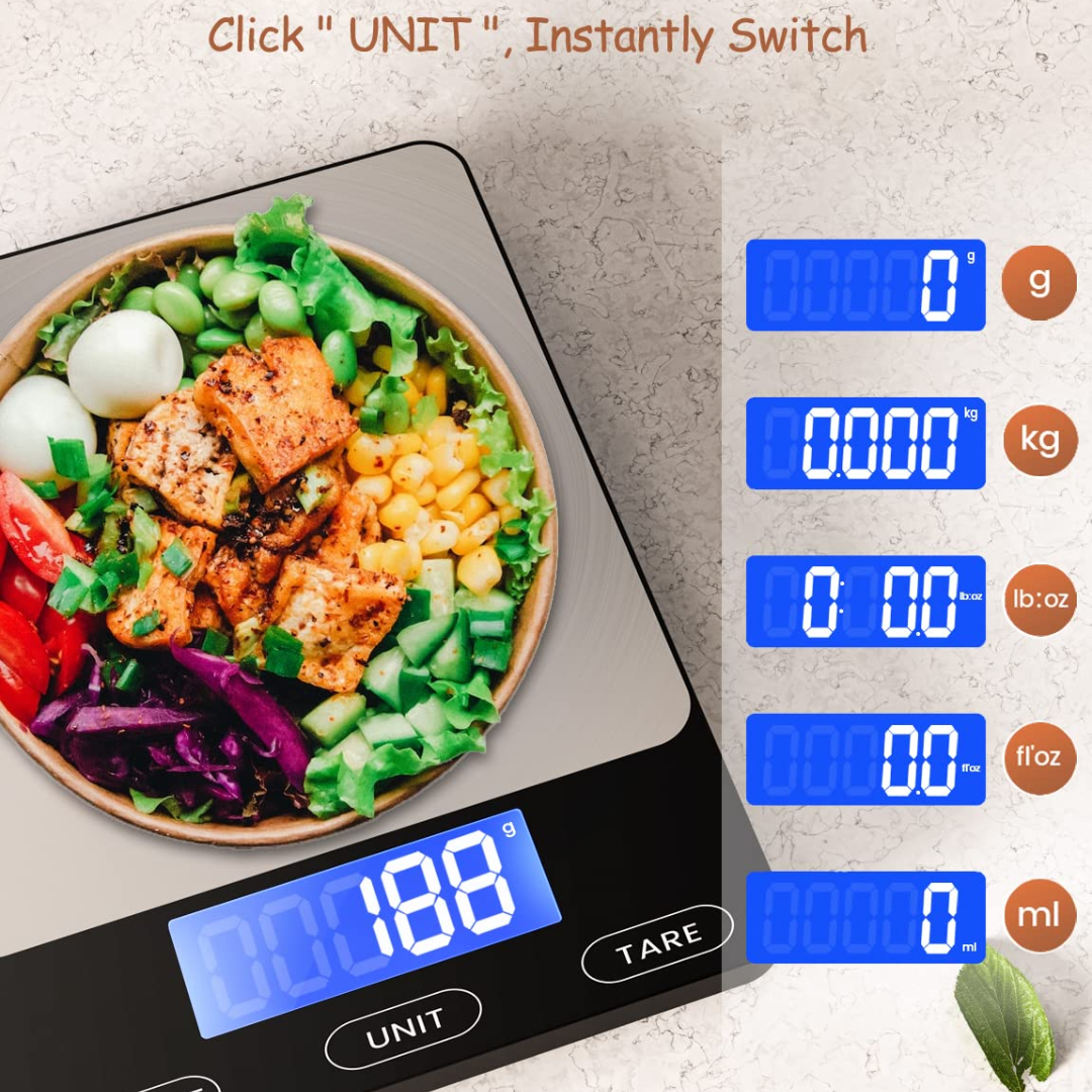 High-accuracy digital kitchen scale, ideal for baking ingredients and cooking. Stainless steel finish.