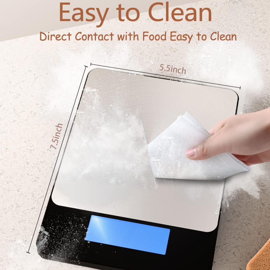 Precision digital kitchen scale, stainless steel design, essential cooking and baking accessory.