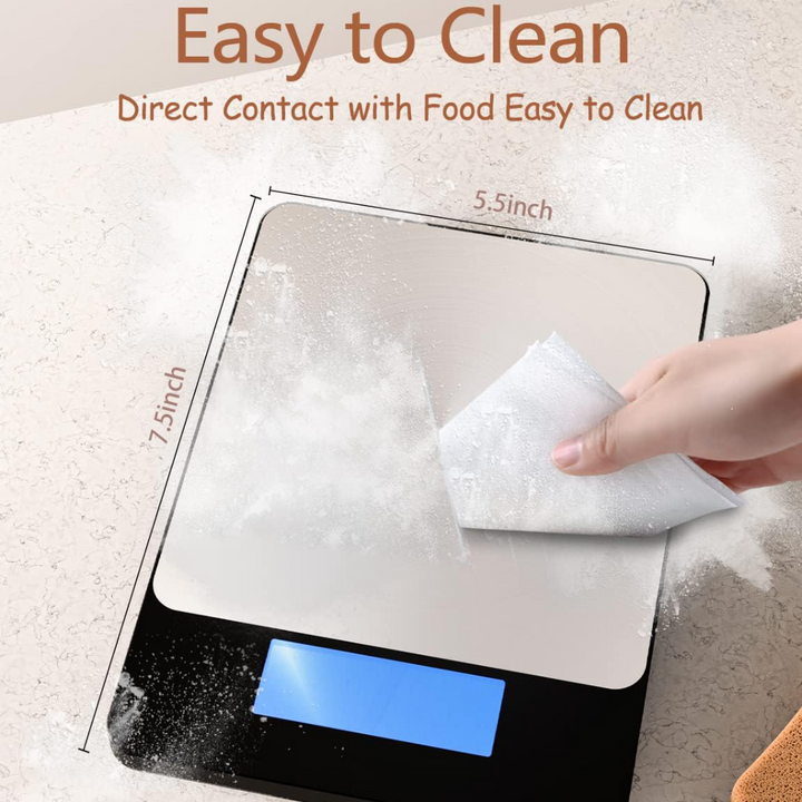 Precision digital kitchen scale, stainless steel design, essential cooking and baking accessory.
