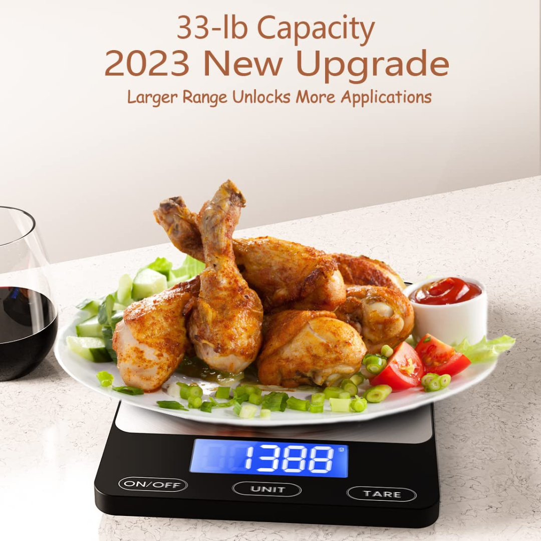 Compact digital food scale with stainless steel surface, perfect for accurate kitchen measurements.