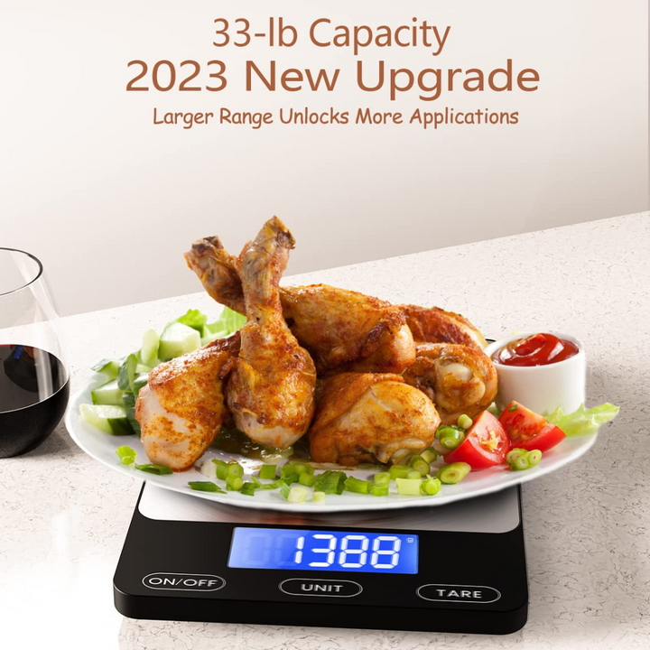 Compact digital food scale with stainless steel surface, perfect for accurate kitchen measurements.