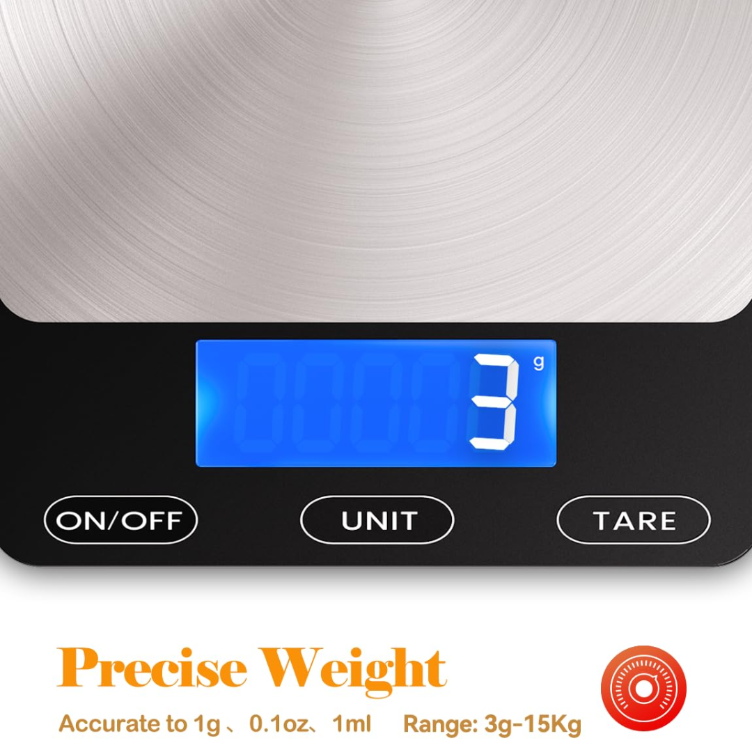 Rechargeable kitchen scale, digital display, stainless steel platform for precise food weighing.