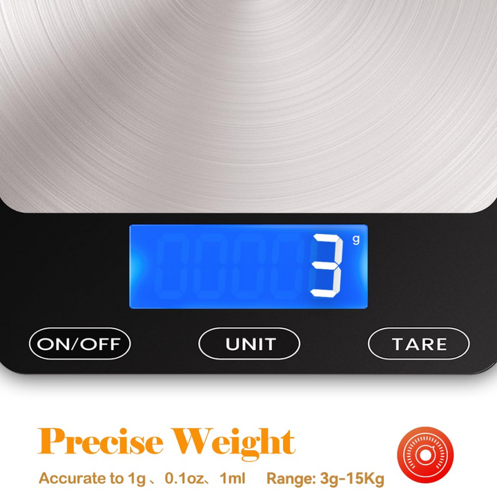 Rechargeable kitchen scale, digital display, stainless steel platform for precise food weighing.