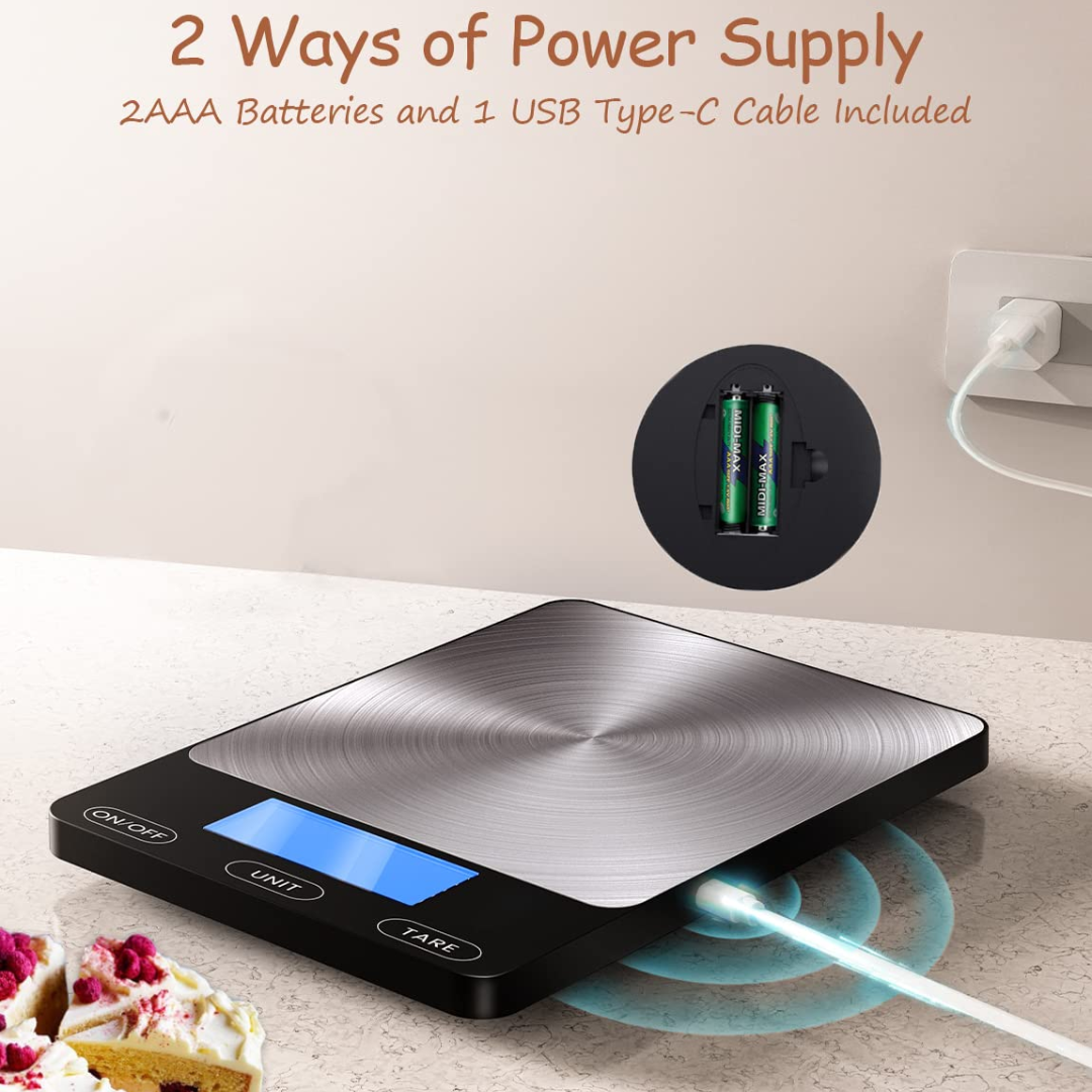 Stainless steel digital kitchen scale for baking and cooking, ensuring precise ingredient measurement.
