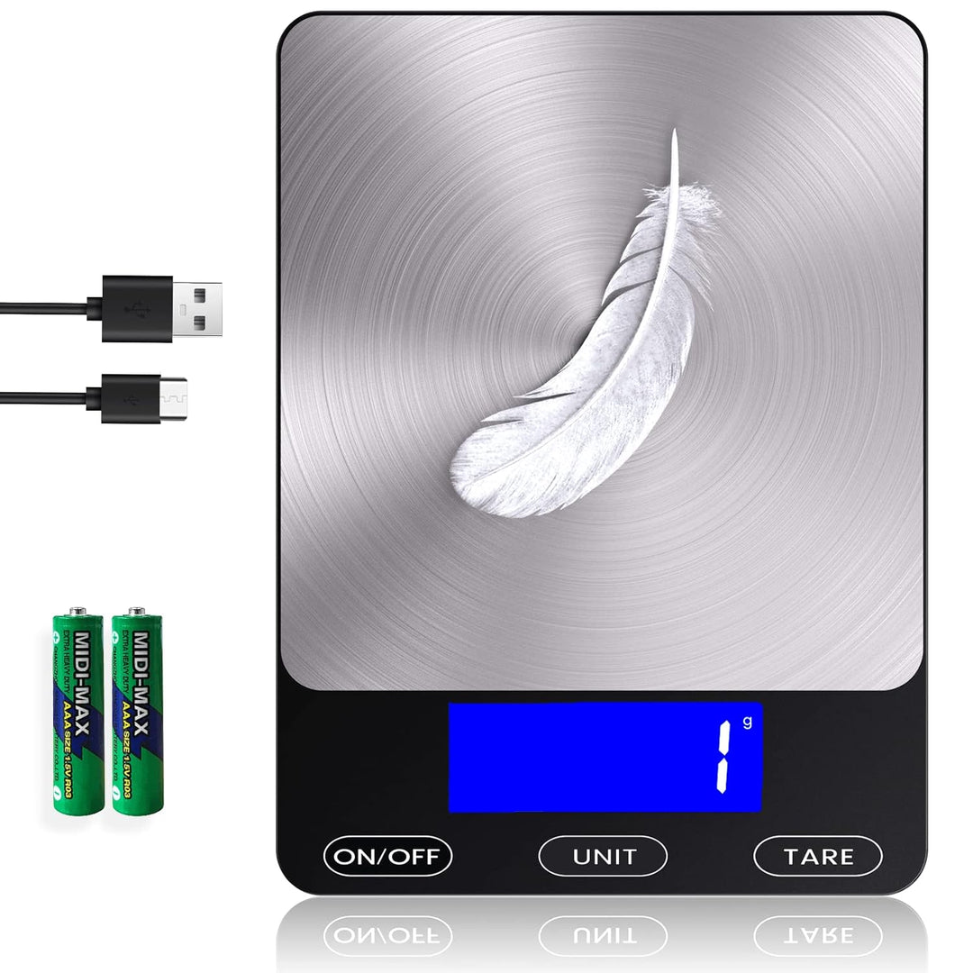 Kitchen gadget: digital food scale, rechargeable, sleek stainless steel for precise cooking.