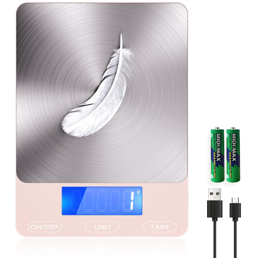 USB rechargeable pink digital kitchen scale with stainless steel platform for precise cooking.