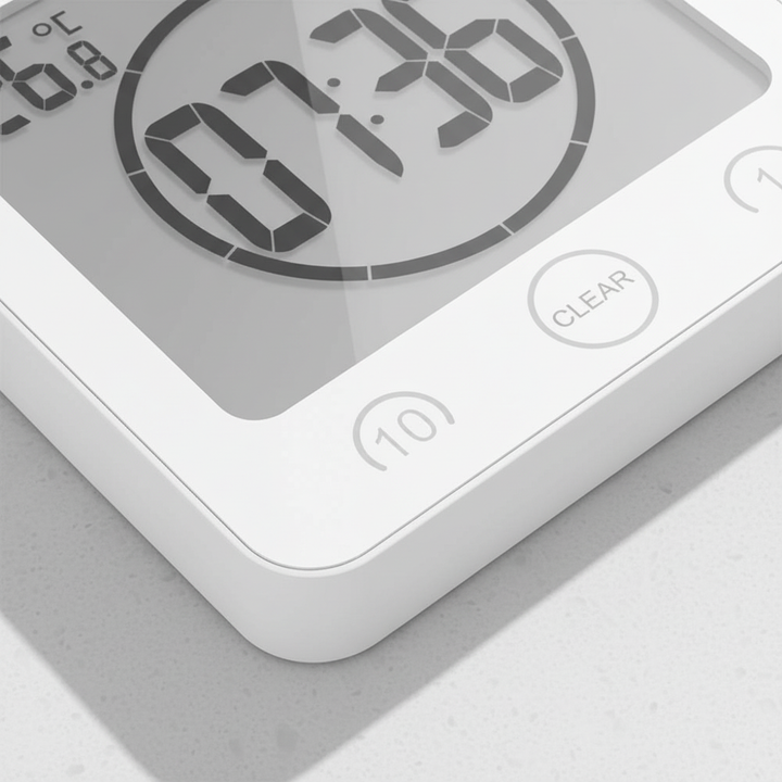 Close-up of digital shower timer attached to tile, showing clear time display for water saving