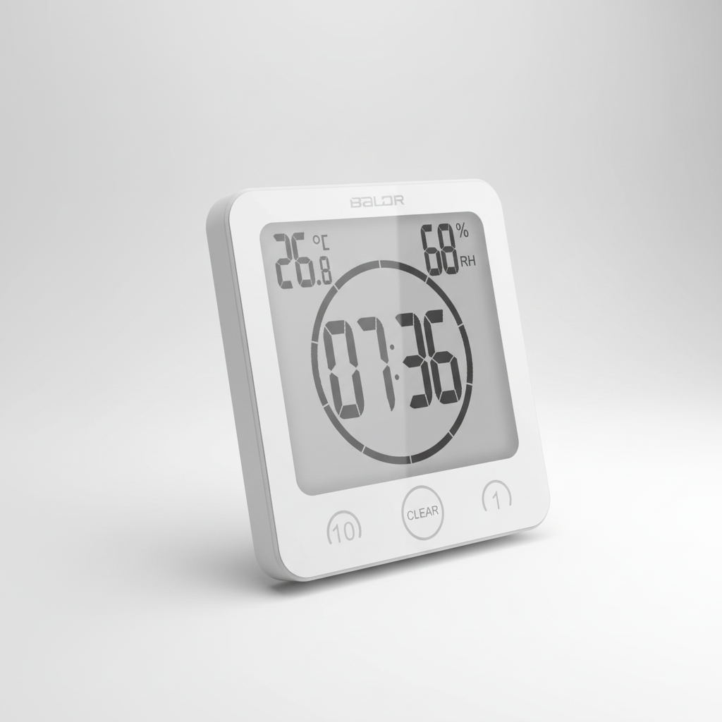 Hands installing a white waterproof digital shower timer with a suction cup on a glass pane