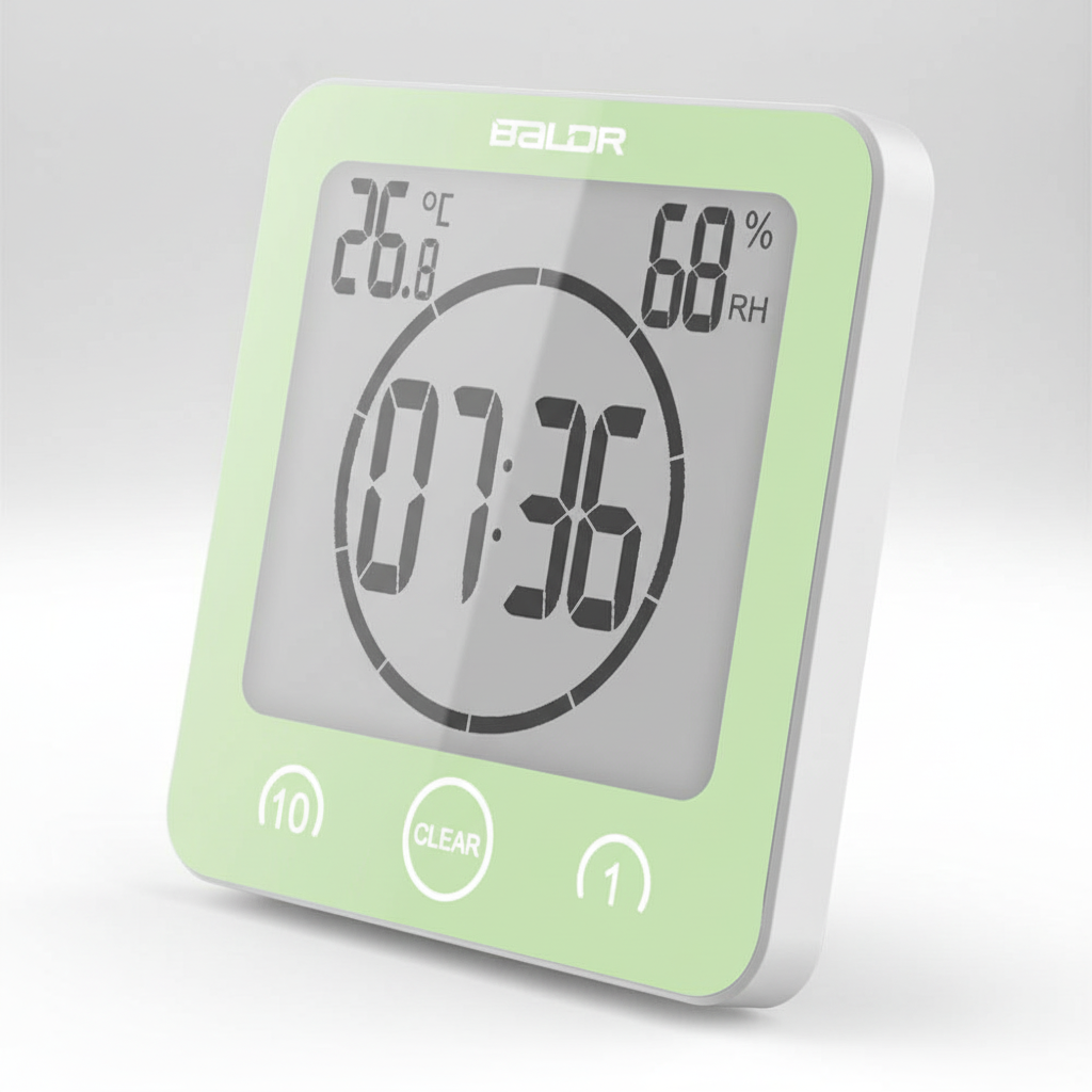 Eco-friendly home improvement: digital timer for shower, easily mounted with a suction cup