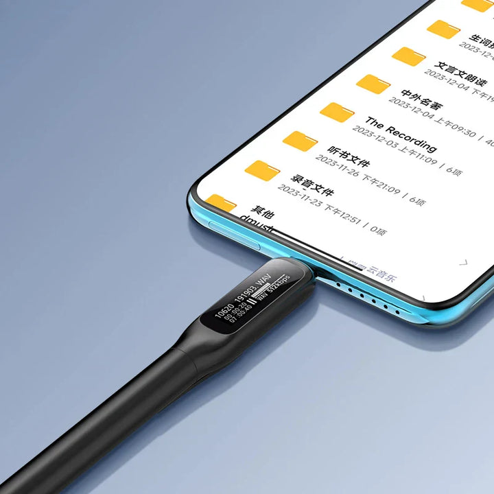 Portable digital audio recorder pen with MP3 playback, USB-C, and clear OLED display for lectures.