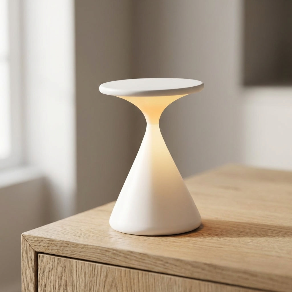Dimmable cordless hourglass table lamp, warm LED light, modern ambient lighting for home decor
