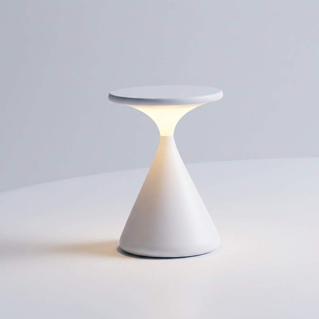 Ambient dimmable hourglass table lamp, warm LED, portable and rechargeable, contemporary feel