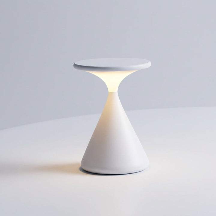 Ambient dimmable hourglass table lamp, warm LED, portable and rechargeable, contemporary feel