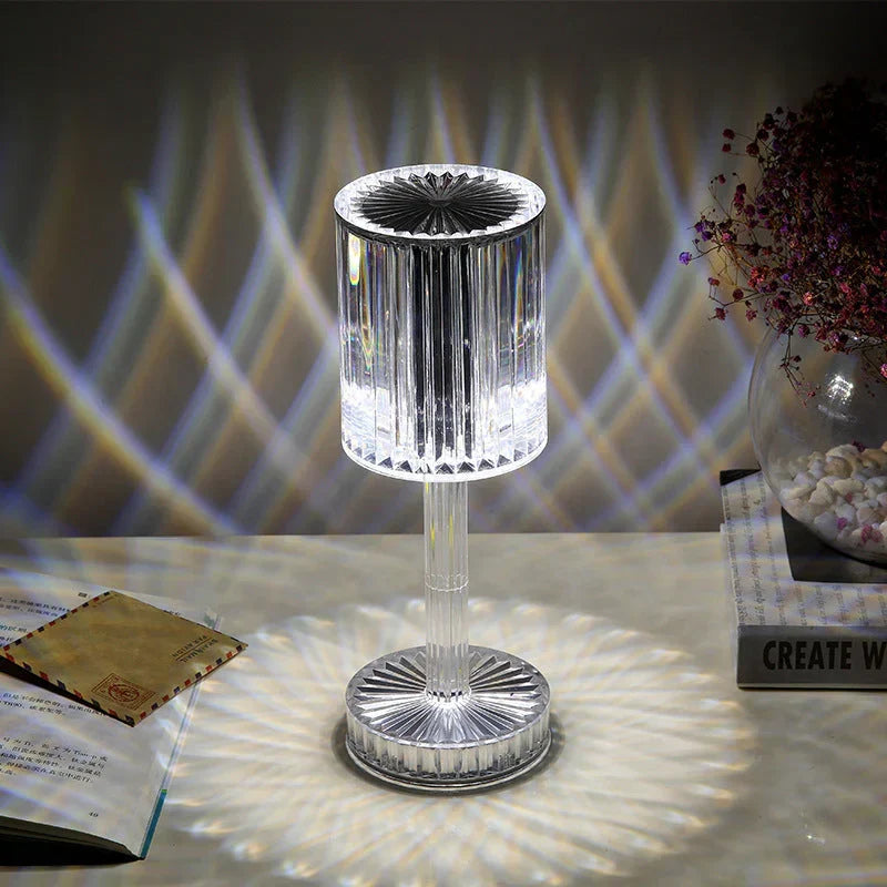Elegant crystal table lamp with dimmable LED, modern design, touch control. Perfect for living room.
