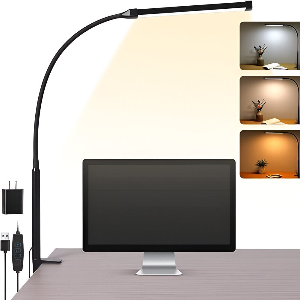 Dimmable LED desk lamp with flexible gooseneck & clamp for optimal task lighting in office or home.