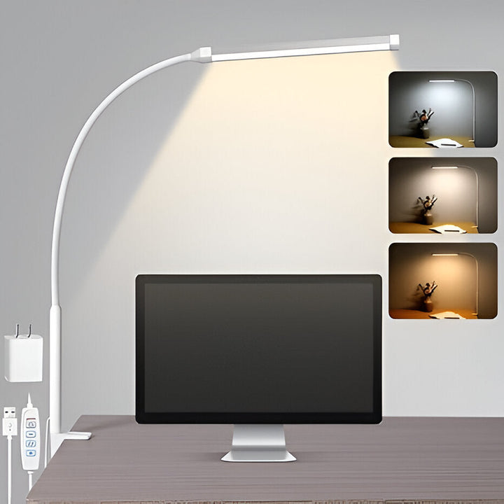 Eye-care LED reading lamp, modern design, with flexible gooseneck & clamp, USB powered for adjustable lighting.