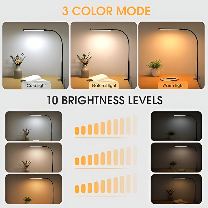 Flexible gooseneck LED work light with sturdy clamp, dimmable, perfect for desk, office or bedside tasks.